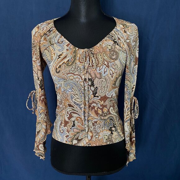 Multicolored Bodycon Boho Top with Ties & Tapered Split Sleeves – Sz S - Picture 15 of 15